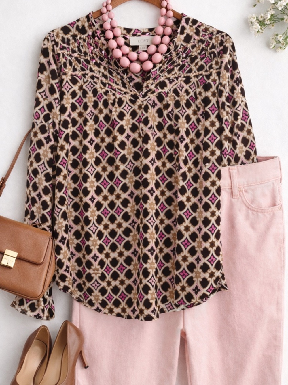 LOFT Pink and Brown patterned Women's Blouse